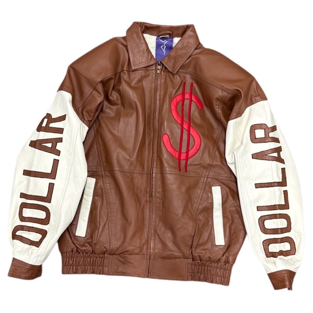 LEATHER 9000 Mens Y2K Leather Varsity Jacket Coat Money  Dollar Brown Cream Sz M